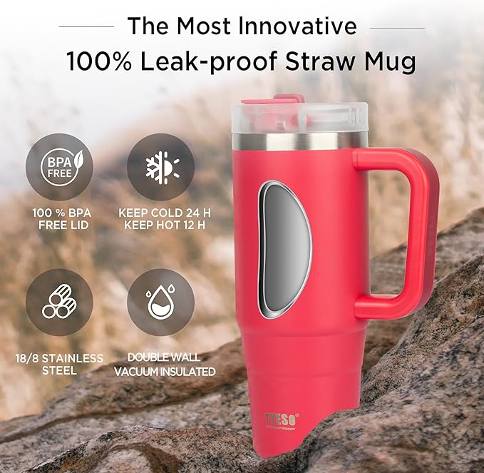 Tyeso 30 oz Tumbler with Handle, Straw and Lid - Leak Resistant Insulated Stainless Steel Water Bottle, Car Cup Holder Friendly Travel Coffee Mug Rose - Gifts for Men & Women - Bloomnest
