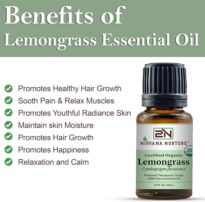 Lemongrass Essential Oil, USDA Certified Organic, 100% Pure Undiluted, Aromatherapy Oil for Diffuser, Hair & Skin Care NirvanaNurture