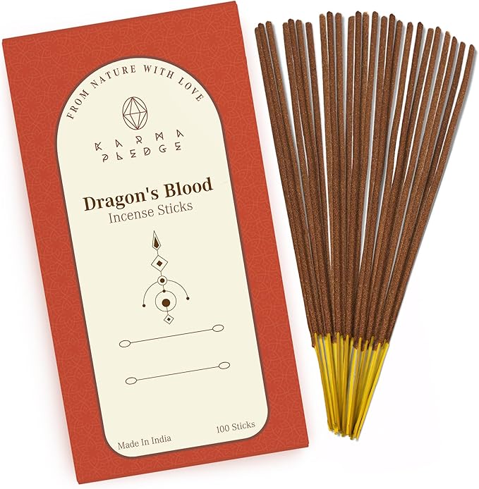 Dragons Blood Incense Sticks, Organic Hand Dipped 100 Sticks with Natural Herbs & Aromatic Ingredients, Burn Time 45 to 60 Minutes, Incense for Positivity, Yoga, Meditation, Relaxation, Spiritual Gift KARMAPLEDGE
