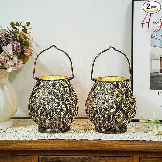 TRIROCKS Set of 2 Moroccan Decorative Lamps 8'' High Cordless Lamp Metal Table Lamps with Fairy Lights Bulb for Home Living Room Garden Yard Party Events Tabletop Indoor Outdoor(Black) - Bloomnest