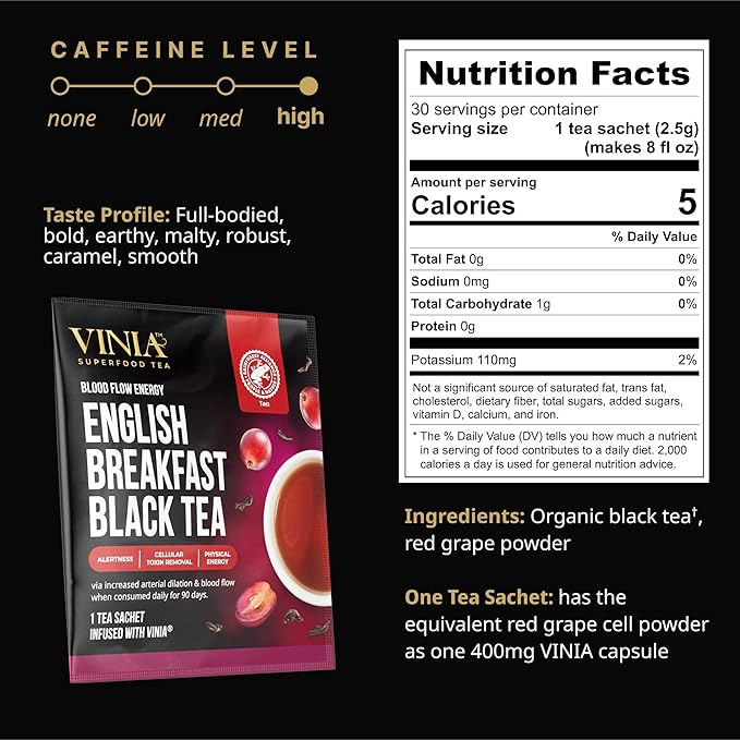 VINIA English Breakfast Black Tea Bags, Made with Organic Tea, Infused with Piceid Resveratrol for Heart Health, Nitric Oxide, Physical Energy, Alertness, Blood Flow, Keto, Kosher, NON-GMO. 30 Ct - Bloomnest
