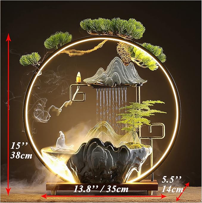 Elder Tabletop Indoor Water Fountains Waterfall with LED Light Zen Decor for Meditation with Mist Japanese Decor with Fake Plants Feng Shui Decor for Good Luck Wealth - Bloomnest
