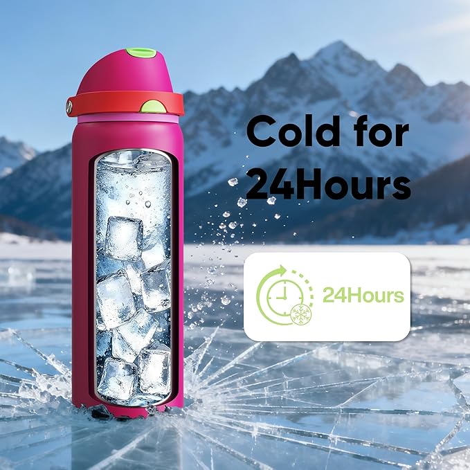 Insulated Water Bottle with Straw - Encool Stainless Steel Water Bottle with Push Button Lid, Leak-Proof & BPA-Free, Keeps Cold for 24 Hours for Sports, Travel, Gym (32 oz, Cerise Pink) ENCOOL