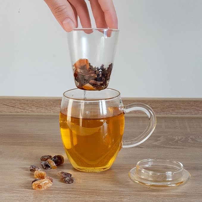 Creano Tea Glass with Infuser and Lid 400ml - Large Tea Cup - Microwave & Dishwasher Safe - Loose Leaf Tea Maker Gift Set - Bloomnest
