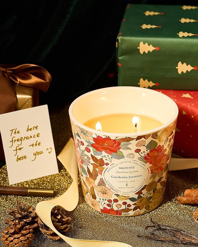 M&SENSE Gardenia Jasmine Scented Candle, 28.2oz 3 Wick Natural Soy Wax Large Candles, Long Lasting Clean Slow Clean Burning No Toxic Décor for Home Relaxation, Romantic Dates & Gift-Giving - Bloomnest