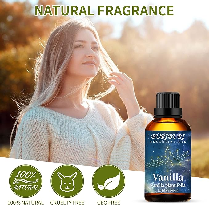 BURIBURI Pure Vanilla Essential Oil and Coconut Oil 100ml Organic Aromatherapy Oils 3.38 fl.oz Coconut Essential Oil for Diffuser Humidifier BURIBURI
