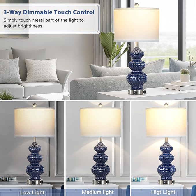 26" Blue Table Lamp Set of 2 with USB A+C Ports & AC Outlet, Ceramic Table Lamps Classic Beside Lamps Nightstand Lamp Modern Table Lamp for Living Room,LED Bulbs Included - Bloomnest
