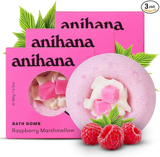 ANIHANA Bath Bombs with Coconut Oil, Paraben Free, Hand-Crafted Luxury Fizzers, Refreshing Raspberry Marshmellow Scent, 6.3 oz Each, 3 Pack - Bloomnest
