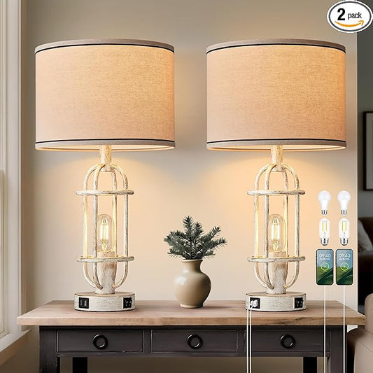22.3" Farmhouse Table Lamps Set of 2, Vintage Lamps for Living Room End Tables, Bedroom Lamp for NightStand with USB C+A Ports, Antique White - Bloomnest