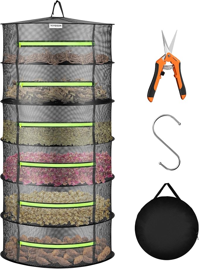 VIVOSUN 6-Layer Mesh Drying Rack Hanging Design with Green Zippers for Dehydrating, Indoor and Outdoor Pruning Shears Included - Bloomnest