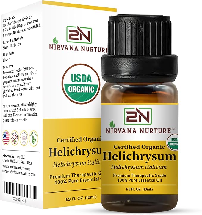 Helichrysum Essential Oil, USDA Certified Organic, 100% Pure Undiluted, Aromatherapy Oil for Diffuser, Hair & Skin Care NirvanaNurture