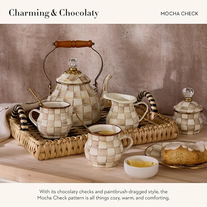 MACKENZIE-CHILDS Enamel Teapot, Cute Small Teapot with Lid, 4-Cup Capacity, Brown-and-White Mocha Check - Bloomnest