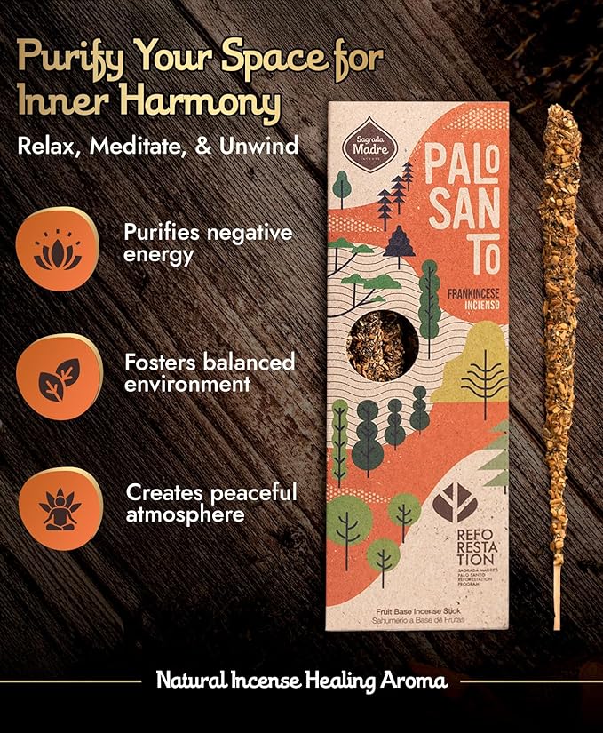 Sagrada Madre 4pcs Wildly Harvested Palo Santo Incense Sticks (Frankincense), 6.7” Long - Non-Toxic, Aromatic Incense Sticks (50 min Approx. Burning Time) to Heal & Calm Your Body and Environment SagradaMadre