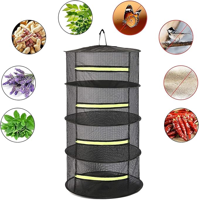 2ft 4-Layer Herb Drying Rack with Zipper, Collapsible Hanging Mesh Plant Dryer Net Basket with Garden Gloves, Pruning Scissors & Hook for Drying Seed, Bud, Hydroponic Plants - Bloomnest