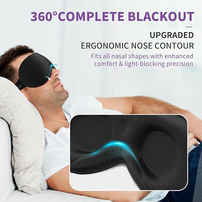 3D Sleep Mask for Men Women 2 Pack, Blackout Eye Mask for Sleeping Eye Mask for Side Sleeper, Memory Foam Adjustable&Washable, Airplane Travel Essentials Couples Yoga Meditation Office Black & Purple - Bloomnest