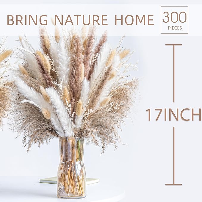 300PCS Natural Dried Pampas Grass Boho Home Decor Bouquet Phragmites Dried Flowers Bouquet for Wedding Floral Arrangements Home Decorations (300PCS) - Bloomnest