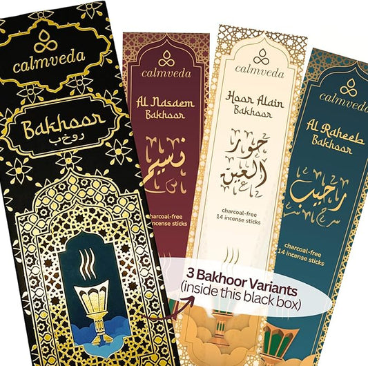 Arabian Oud Bakhoor Incense Sticks - بخور اماراتي (3 Variants, 40+ Incense) Deep Warm Arabic Incenses Like Al Nasaem, Hoor Alain & Al Raheeb Oud Bukhoor | Perfect Islamic Gifts or Eid Gifts CalmvedaIncenseAromatherapy