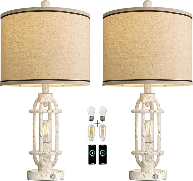 23.75'' Table Lamps Set of 2 for Living Room Bedroom Industrial Farmhouse Metal Touch Lamps with USB A+C Ports, Night Light Vintage Nightstand Bedside Lamp, Bulbs Included, White - Bloomnest