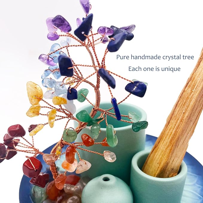 5 in 1 Incense Burner Holder with Crystal Tree for Burning Palo Santo Stick, Sage, Incense Sticks, Candle, Ceramic Tray Ash Catcher, Meditation Gift (Sky-Blue) - Bloomnest