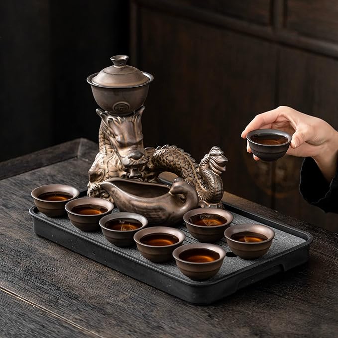 Kungfu Tea Sets Ceramic Teapot with Infuser Loose Leaf Tea Teapot with 8 cups (Antique Brass Dragon- C) - Bloomnest