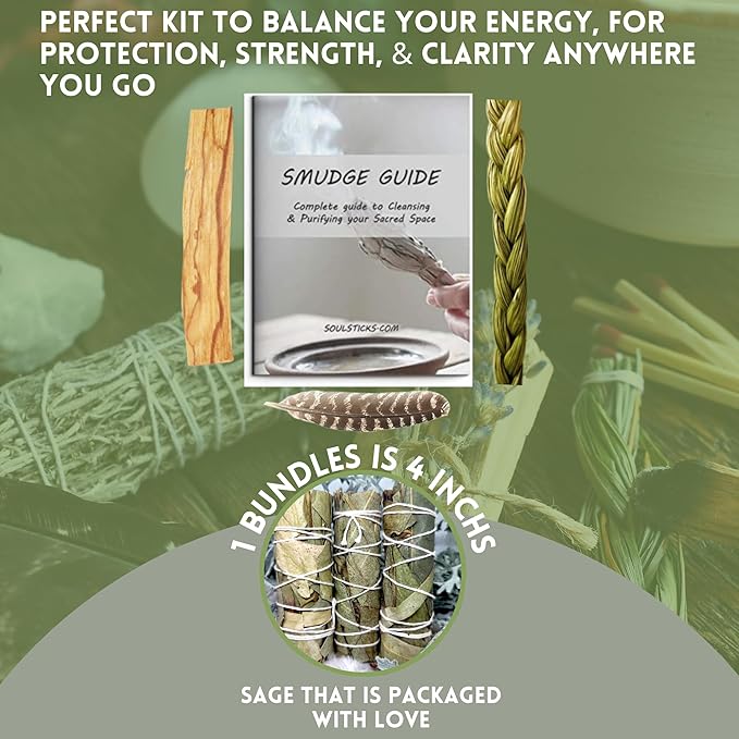 Ancient VEDA Organic Smudge Kit –Eucalyptus, Palo Santo, Sweetgrass Braid, Feather & Smudge Guide | Home Cleansing Kit for Meditation, Yoga, Energy Healing & Gift (Starter Kit, Eucalyptus Sage) AncientVeda