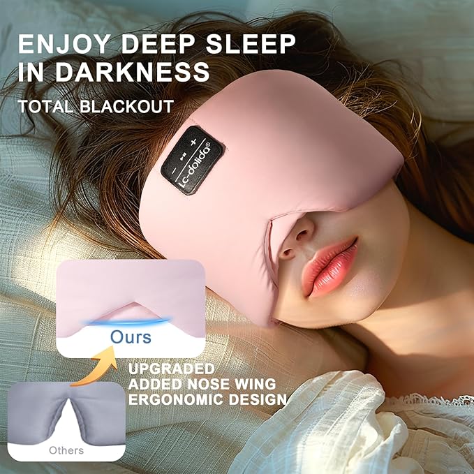 LC-dolida Sleep Mask with Bluetooth Headphones, Ice Silk Sleep Headphones with Bluetooth 5.4, Total Blackout Eye Mask for Sleeping, Sleep Soft Mask for Women Men, All Night Sleep, Travel(Pink) - Bloomnest