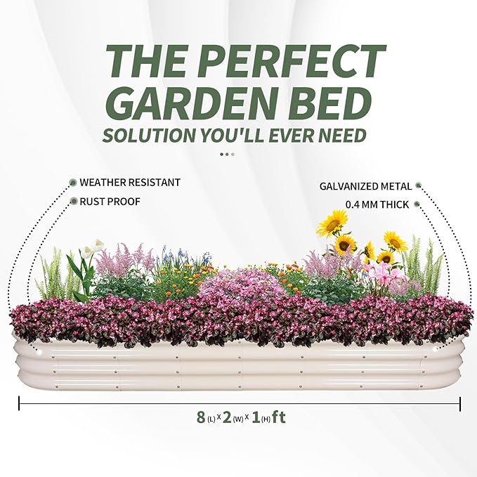 1MORE Galvanized Raised Garden Bed- Planter Garden Boxes Outdoor, Raised Beds for Gardening, 8x2x1ft Metal Garden Bed Kit for Vegetables Flower, Planter Raised Beds with Protective Tape & Tools.White - Bloomnest