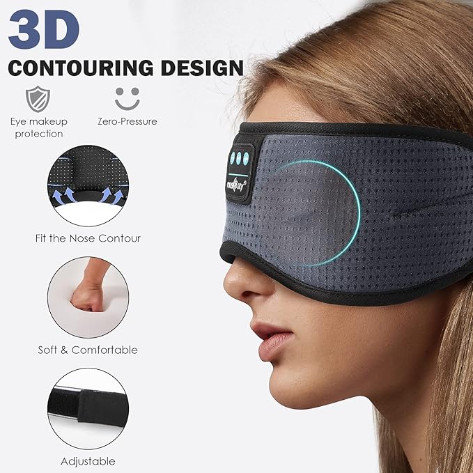 MUSICOZY White Noise Bluetooth Sleep Mask with 8 Soothing Sounds & 3D Wireless Sleep Headphones, Bluetooth Sleeping Headphones for Yoga Travel Office Relaxation, Tech Gadgets Gifts, Gray - Bloomnest