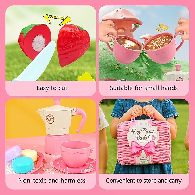 Pink Pretend Afternoon Tea Party Set with Storage Basket, Play Food & Accessories for Girls, Tea Party Set for Toddlers Indoor Outdoor Pretend Play, Kids Picnic Basket Toy Gift for Ages 3-8 - Bloomnest