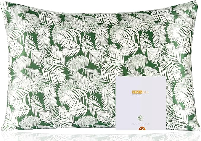 ZIMASILK 100% Pure Mulberry Silk Pillowcase for Hair and Skin Health,Both Sides 19 Momme Silk Floral Print,1pc (King 20''x36'',White Leaves) - Bloomnest