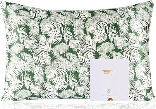 ZIMASILK 100% Pure Mulberry Silk Pillowcase for Hair and Skin Health,Both Sides 19 Momme Silk Floral Print,1pc (King 20''x36'',White Leaves) - Bloomnest