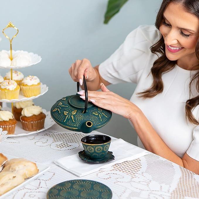 7PC Japanese Tea Set. "KIYOSHI Green" Cast Iron Tea Pot with 2 Tea Cups, 2 Saucers, Infuser and Teapot Trivet. Ceremonial Matcha Accessories