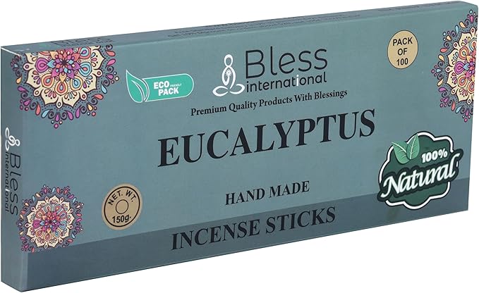 Bless-Eucalyptus 100%-Natural-Handmade-Hand-Dipped-Incense Organic-Chemicals-Charcoal-Free Purification-Relaxation-Positivity-Yoga-Meditation Best-Woods-Scent (100 Sticks(5.25 OZ))