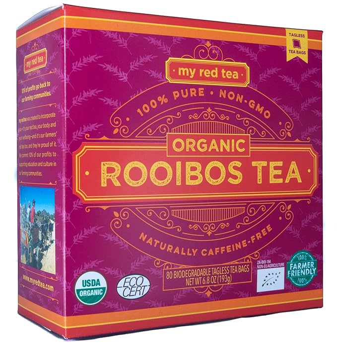 My Red Tea | USDA Organic Rooibos Tea | 80 Tagless Teabags | Single-Origin, Farmer-Friendly, Caffeine-Free | Sustainably Farmed in South Africa | Pure & Natural - Bloomnest