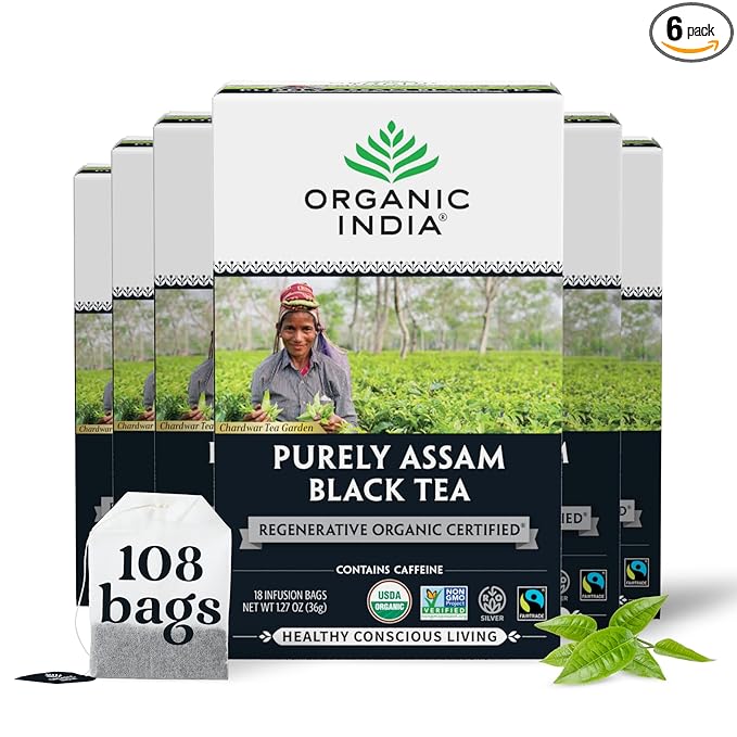 Organic India Purely Assam Black Tea - Caffeinated Herbal Tea Bags with Natural Assam Leaves, Enjoy with Milk & Sweetener, USDA Organic, Non-GMO, Fairtrade Certified - 18 Bags (Pack of 6) - Bloomnest