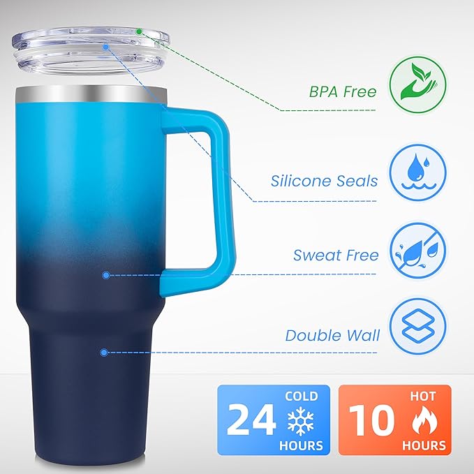DOMICARE 40 oz Tumbler with Handle and Straw, Stainless Steel Tumbler with Lid and Straw, Reusable Vacuum Insulated Cup, Travel Coffee Mug, Blue Gradient, 1Pack - Bloomnest