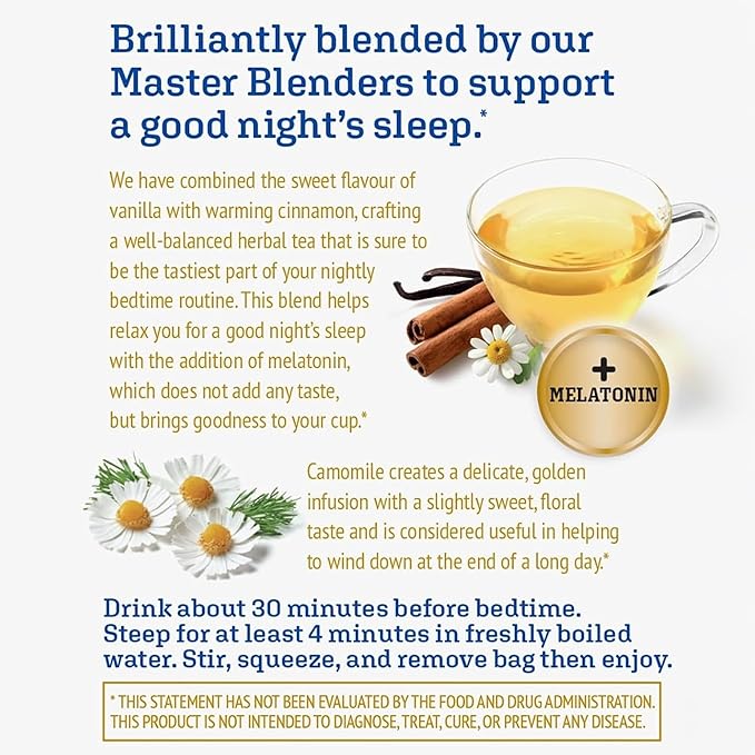 Twinings Superblends Sleep+ Herbal Tea with 1mg Melatonin Camomile, Cinnamon & Vanilla, Naturally Caffeine-Free, 16 Tea Bags (Pack of 1), Enjoy Hot or Iced