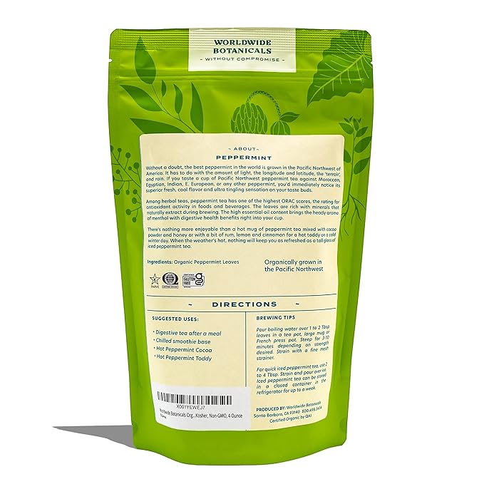 Worldwide Botanicals Organic Peppermint Loose Leaf Tea, 4 oz - Pacific Northwest Organic Cultivation, Highly Aromatic Digestive Tea, Antioxidant, Caffeine Free - Bloomnest