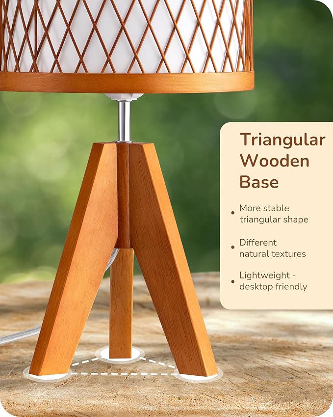 EDISHINE Small Table Lamp, 14.17" Wood Tripod Bedside Lamp with Bamboo Lampshade & PVC Shade, ON-Off Switch & E26 Base, Boho Nightstand Lamp for Living Room, Bedroom - Bloomnest