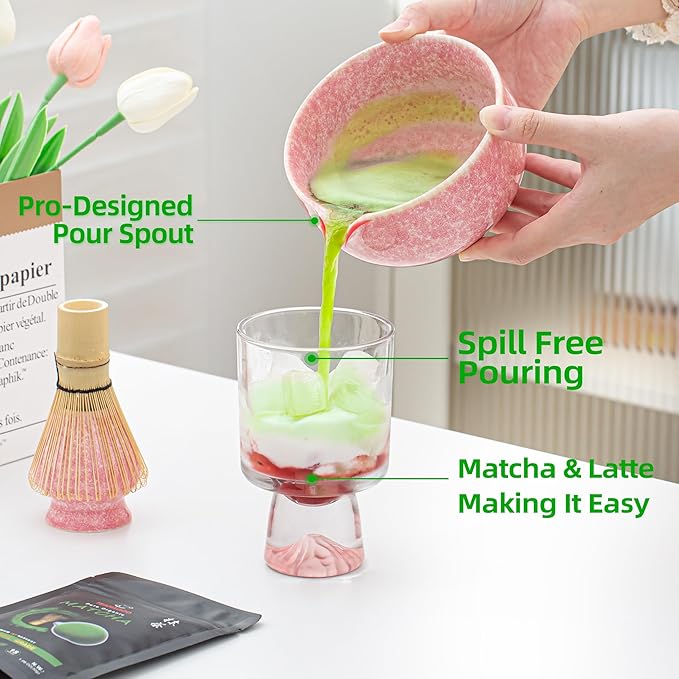 TEANAGOO Matcha Whisk Set,7 Pcs Matcha Set Pink,Ceremony Matcha Kit,Matcha Tea Set for Making Latte,Ceramic Bowl(chawan) whith Spout and Whisk,Gift for Matcha Lovers - Bloomnest