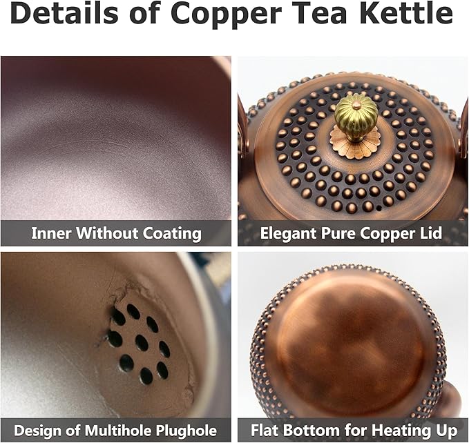 YJX 47.3oz Elegant Japanese Style Copper Tea Kettle For Stovetop Safe, Non-Coating Pure Copper Teapot with Stainless Steel Tea Ball For Loose Tea, Solid Tea Pot For 2-4 Cups (1400ml) - Bloomnest
