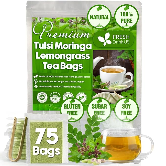 FreshDrinkUS, Premium 75 Tea Bags Tulsi Moringa Lemongrass, 100% Natural & Pure from Tulsi Holy Basil Leaves, Moringa & Lemongrass. Made with Natural Material Tea Bags. No Sugar, No Caffeine, Vegan. - Bloomnest
