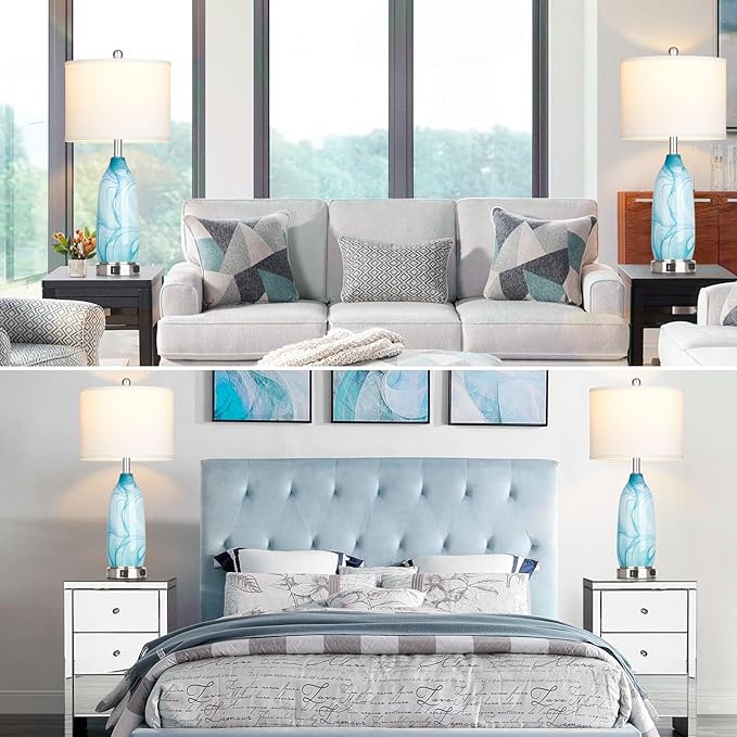 26" Coastal Table Lamps Set of 2, Modern Table Lamps with USB A+C Ports & AC Outlet, Touch Control Glass Bedside Nightstand Lamp with Night Light for Living Room Bedroom End Table Blue(Bulbs Included) - Bloomnest