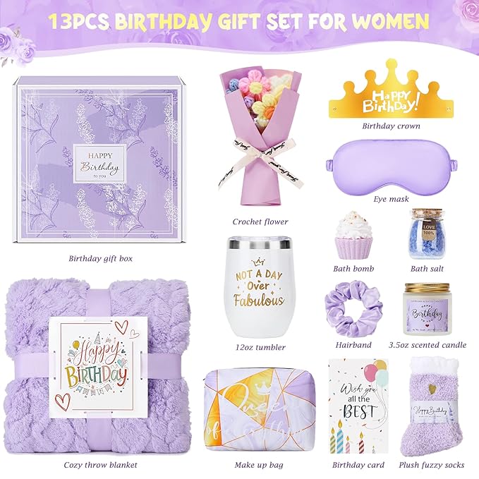 Birthday Gifts for Women, 13PCS Unique Happy Birthday Gifts Basket for Mom Her Best Friend Sister Wife Girlfriend Coworker Bestie, Luxury Self Care Box Relaxing Spa Gifts Set (Lavender) - Bloomnest