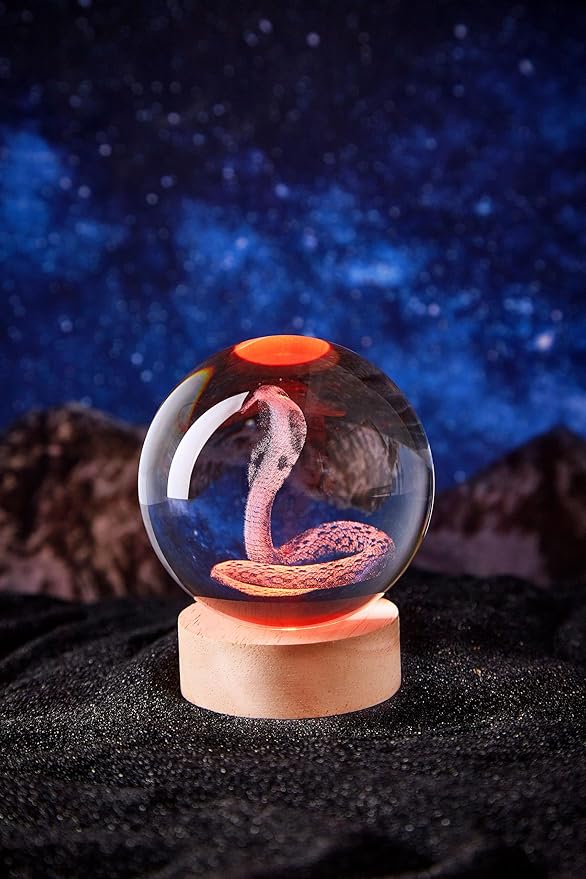 3D Large Snake Crystal Ball Night Light with Wooden Base, Cobra Crystal Lamp Gift for Kids Wife Friends, 16 Color Changing with Remote Control, Laser Engraved 3.15 inch Glass Ball Lamp (Snake) - Bloomnest