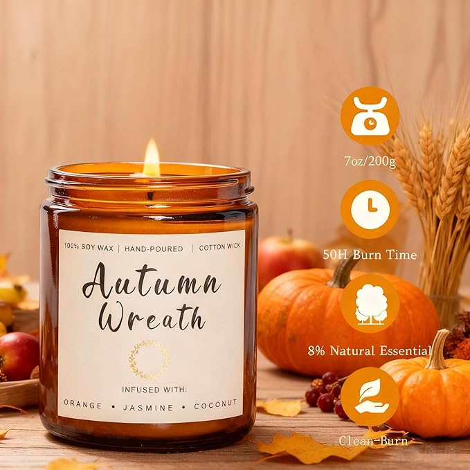 Fall Candles Set - 6 Pack Candles for Home Scented, Fall Scented Candles for Autumn Gift Home Decoration, Natural Non Toxic Soy Candle Gifts for Women, Cinnamon Apple/Autumn Wreath - Bloomnest