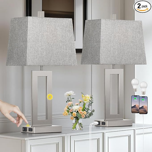 Touch Control Table Lamp Set of 2, Modern Silver Bedside Lamps with USB C+A Ports & AC Outlet, 3 Way Dimmable Bedroom Lamps for Night Stands Bedroom Living Room,Nightstand Lamp - Bloomnest