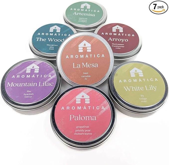 Bluecorn Aromática Scented Candle Sample Tin Set – 7 Clean, Luxurious Fragrances - Coconut Wax - Clean Fragrance & Essential Oils - 6hr Burn Time - Handmade in Colorado Since 1991 - Bloomnest