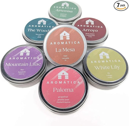 Bluecorn Aromática Scented Candle Sample Tin Set – 7 Clean, Luxurious Fragrances - Coconut Wax - Clean Fragrance & Essential Oils - 6hr Burn Time - Handmade in Colorado Since 1991 - Bloomnest