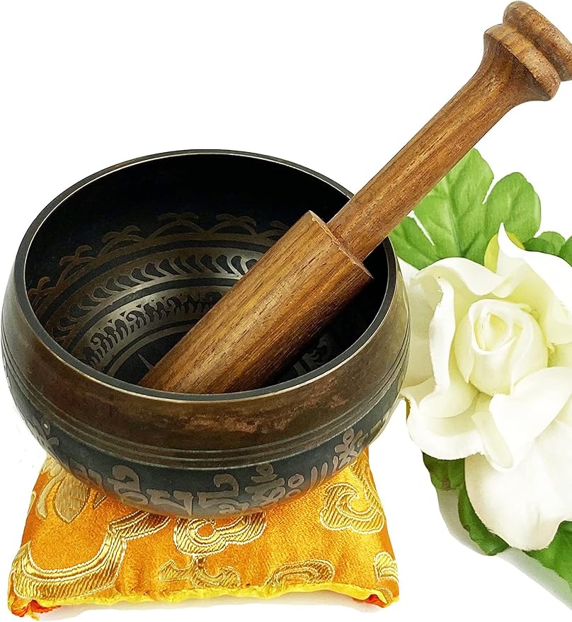 3383 SB Tibetan Auspicious Symbol Singing Bowl Set ~ Mallet Cushion Meditation Chakra Healing Prayer Yoga Mindfulness (SB-3383-D) - Bloomnest